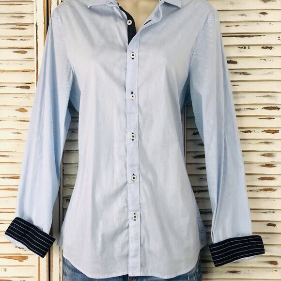 H&M Classic Light Blue Pinstripe Long Sleeve Button Front Shirt Navy Stripe Cuff - Picture 16 of 16